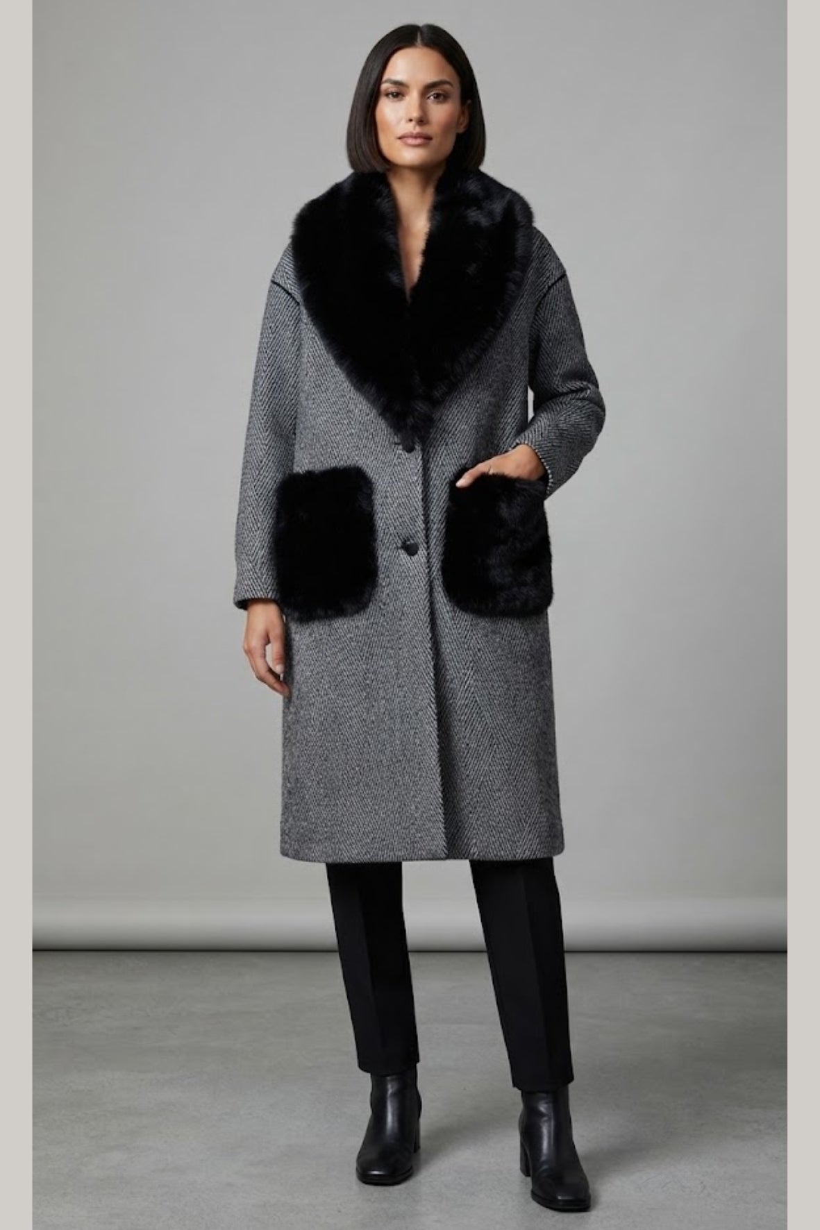 cappotto spigato tasca pelliccia DB11451 NERO MARICLA 