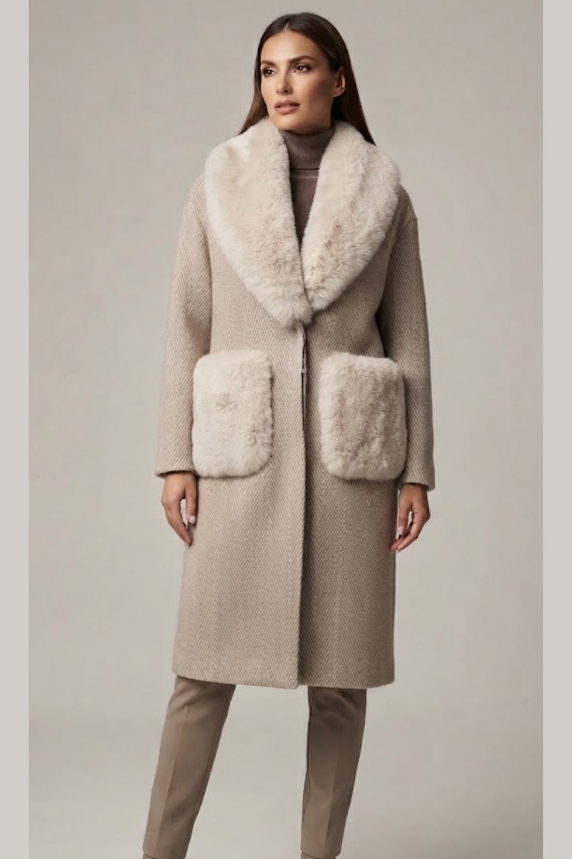 cappotto spigato tasca pelliccia DB11451 PANNA MARICLA 