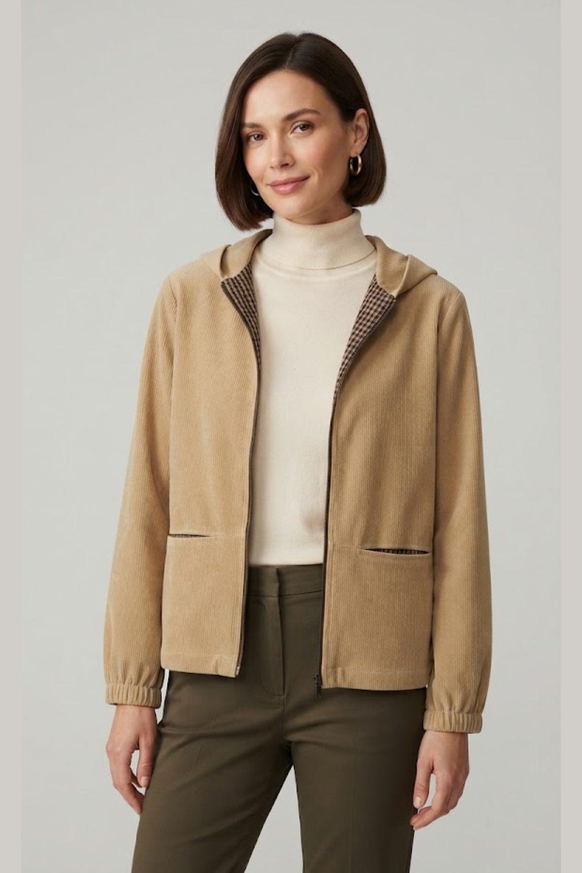 giacca coste cappuccio quadretti MONDO BEIGE MARICLA 