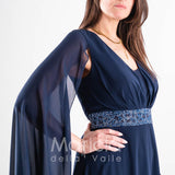 abito lungo con strass e manica aperta PF314 BLU PAOLA FORTI 
