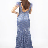 lungo ricamato con piume maniche INV2357 INDACO MARICLA ELEGANCE 