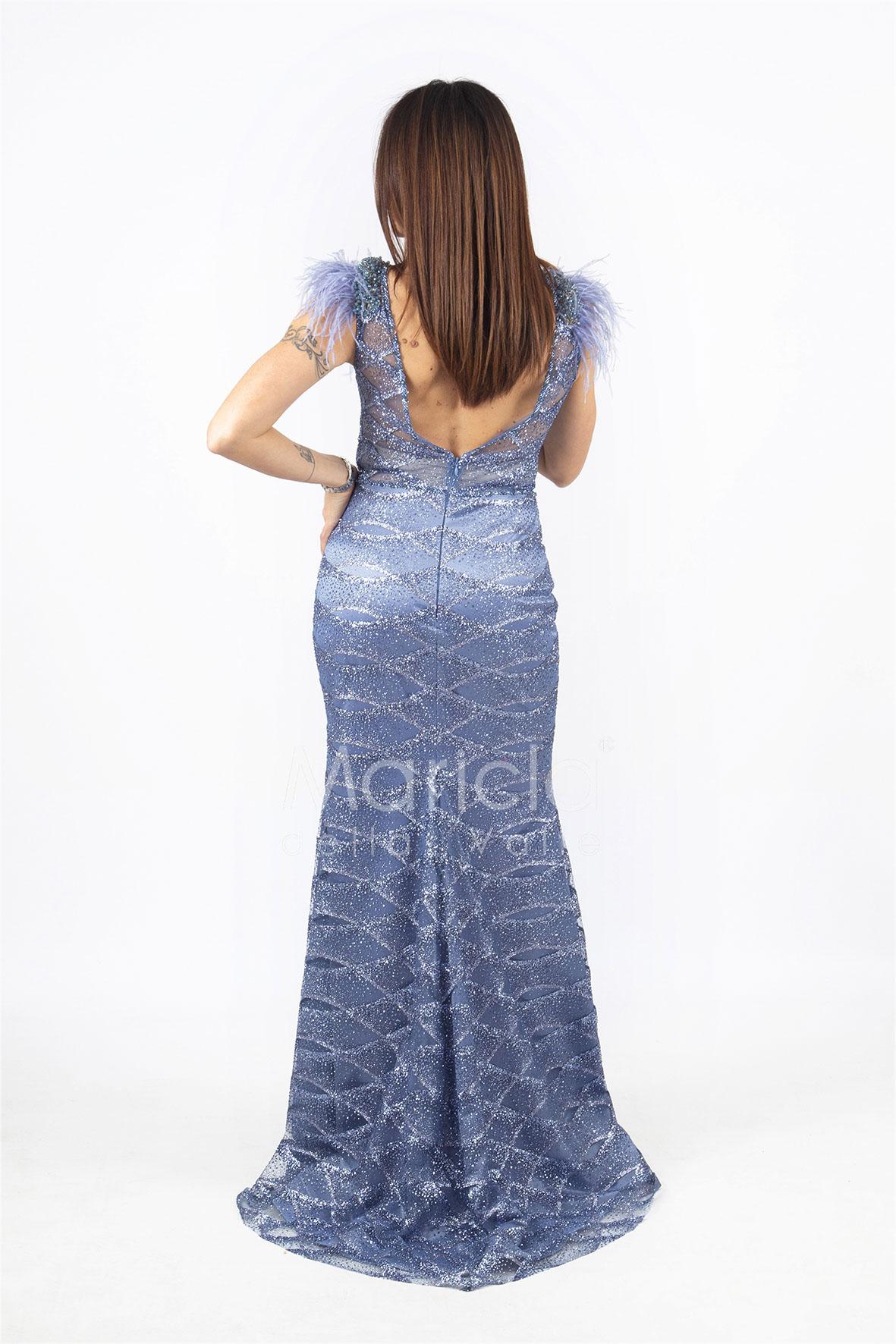 lungo ricamato con piume maniche INV2357 INDACO MARICLA ELEGANCE 