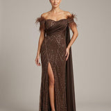 Abito lungo a sirena  con spacco e piume <BR/> KMK605 BRONZO MARICLA ELEGANCE 