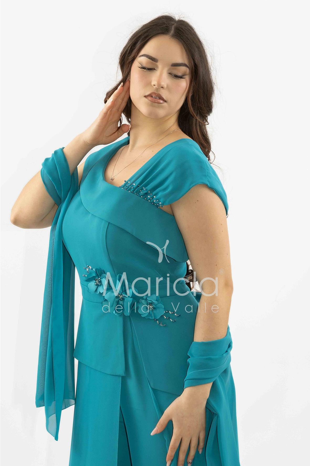 tuta con baschina e dettagli con fiore SH403TU PETROLIO SHARON 