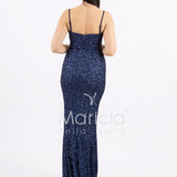 abito lungo paillettes drappeggio e spacco PB8066F BLU MARICLA ELEGANCE 