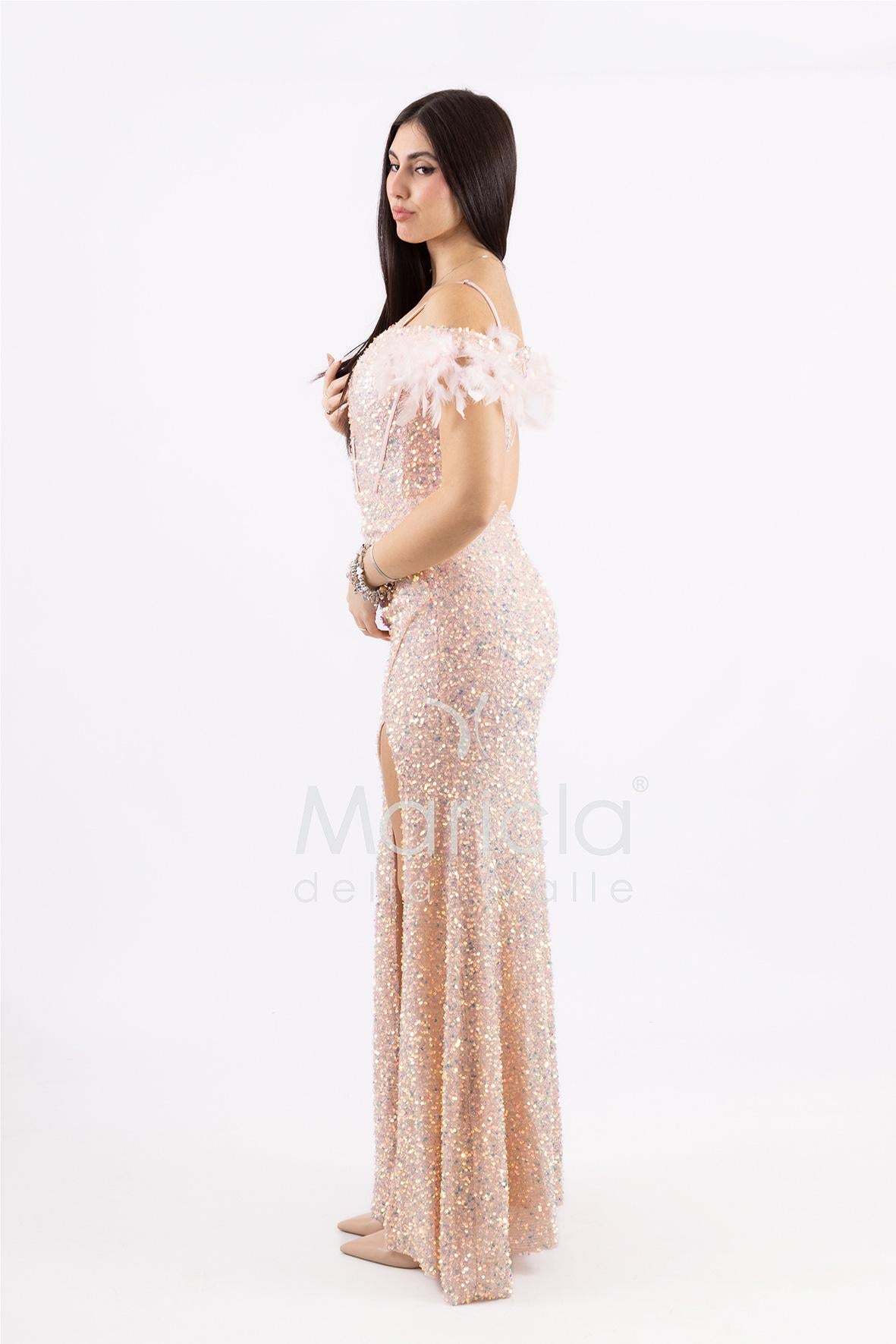 abito con paiette arricciato e piume SS23506 ROSA MARICLA ELEGANCE 