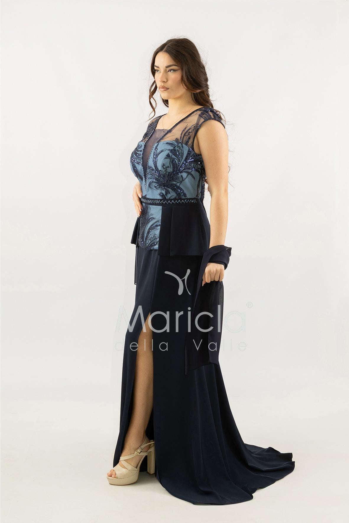 abito lungo con baschina ricamata SH839AL BLU SHARON 