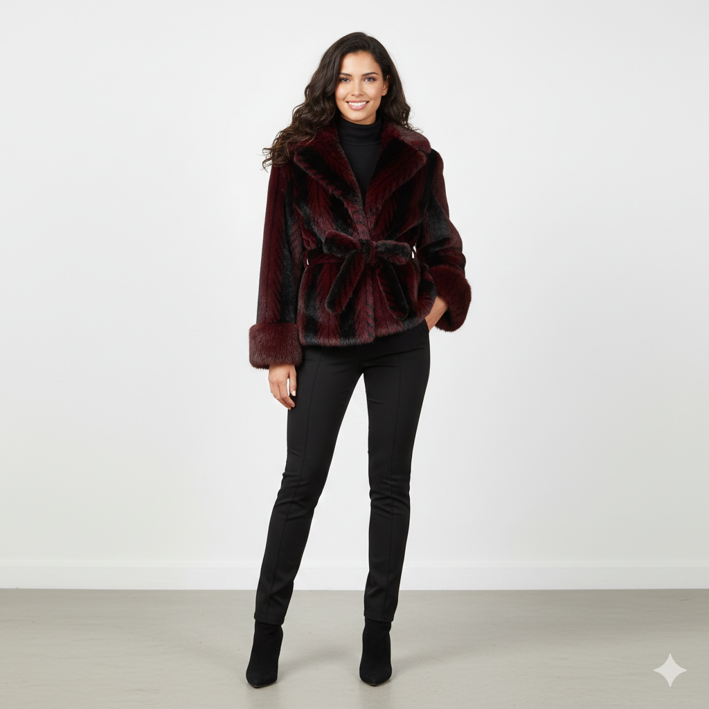 Giaccone ecopelliccia striata con cinturino e cappuccio EC0522 AMARONE MARICLA 