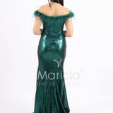 abito lungo in paillettes e scollatura in piume FP883015 VERDE MARICLA ELEGANCE 