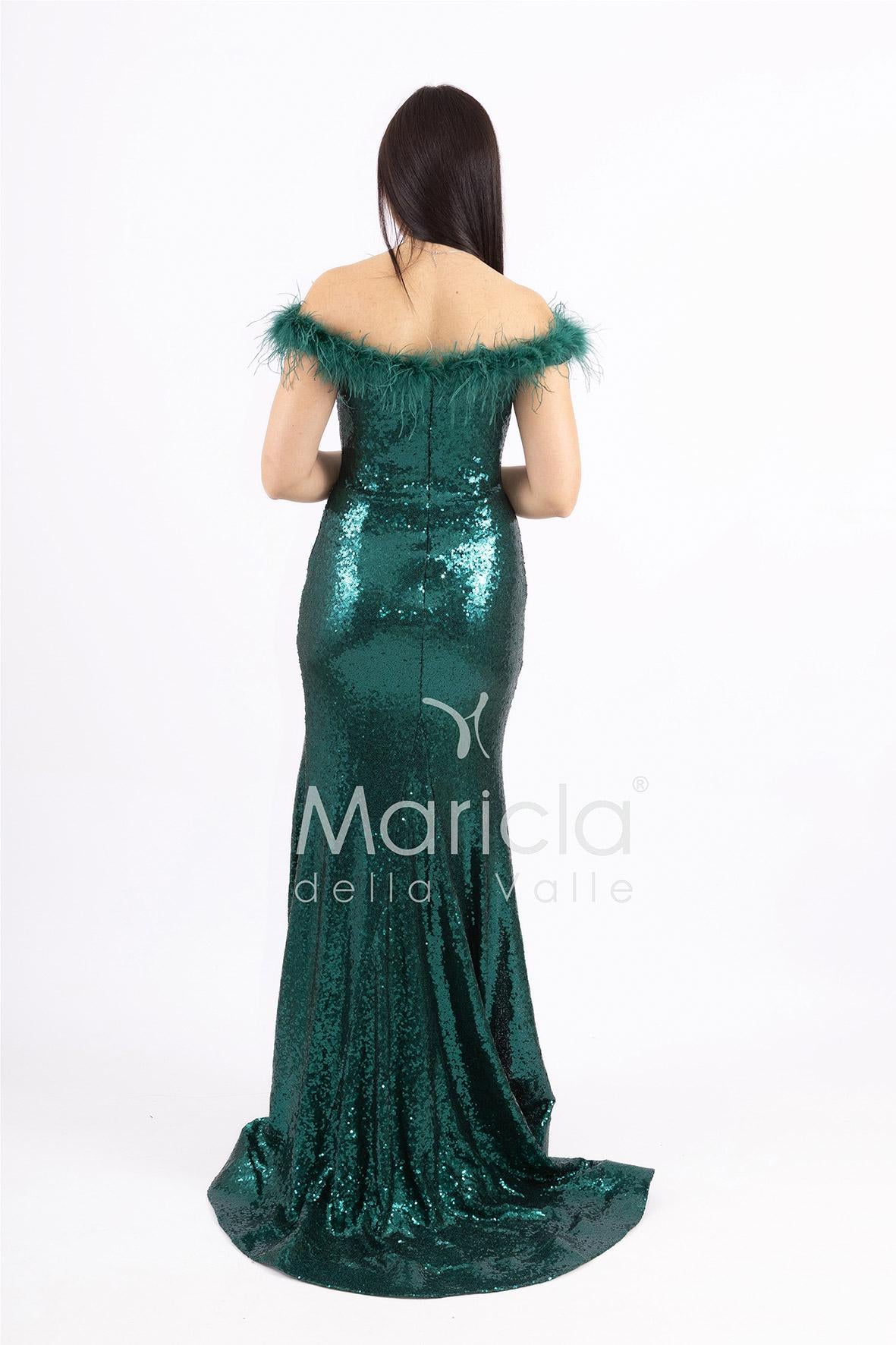 abito lungo in paillettes e scollatura in piume FP883015 VERDE MARICLA ELEGANCE 