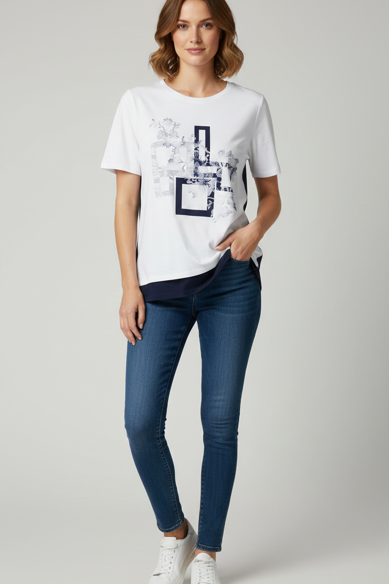 T-shirt Bi-materiale con Grafica Geometrica e Floreale CF50101 BIANCO CARLA FERRONI 