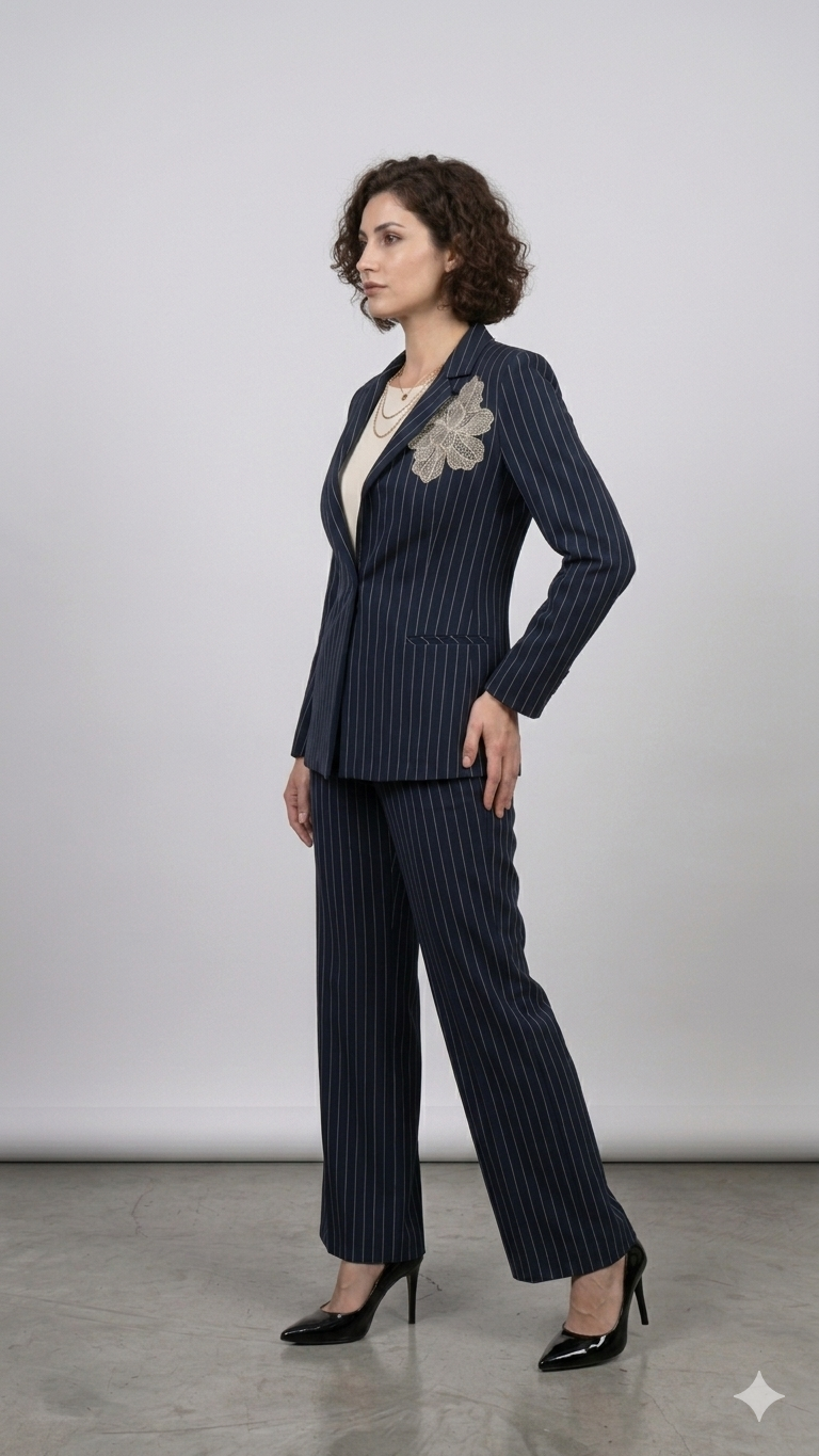 Tailleur Gessato con Dettaglio Floreale ADELINA BLU MARICLA 