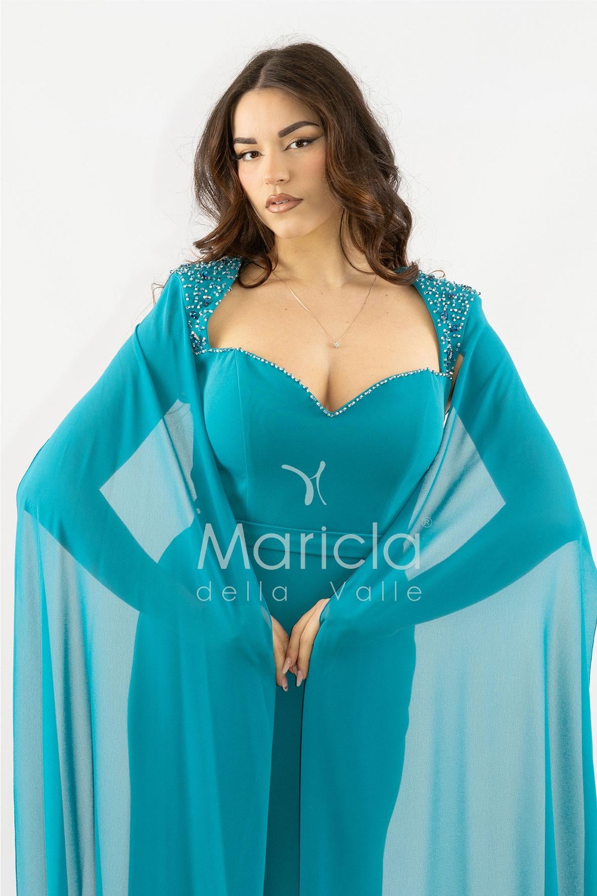 abito lungo scollato con spalline strass SH819AL PETROLIO SHARON 