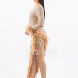 abito manica lunga piume e paiette SS23126 ORO MARICLA ELEGANCE 