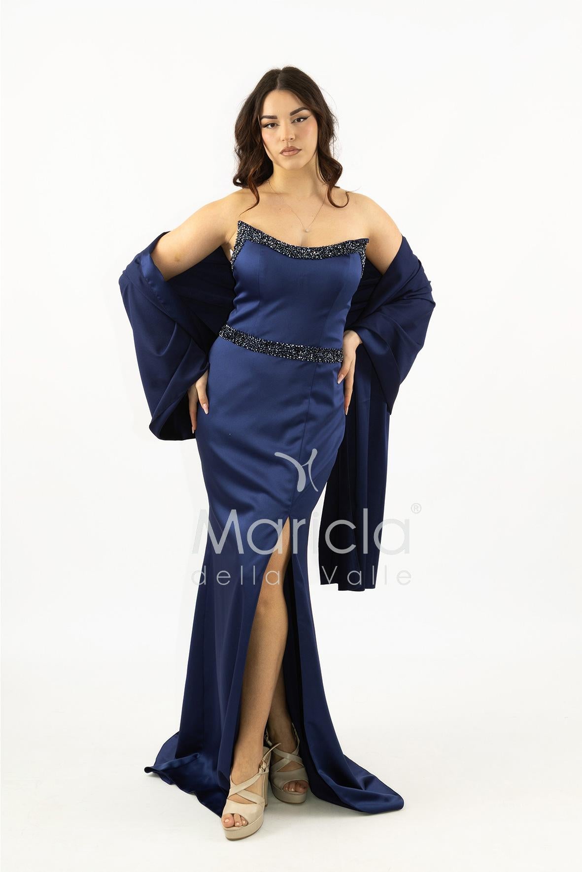 Abito lungo con scollatura in strass JC35249 BLU MARICLA ELEGANCE 