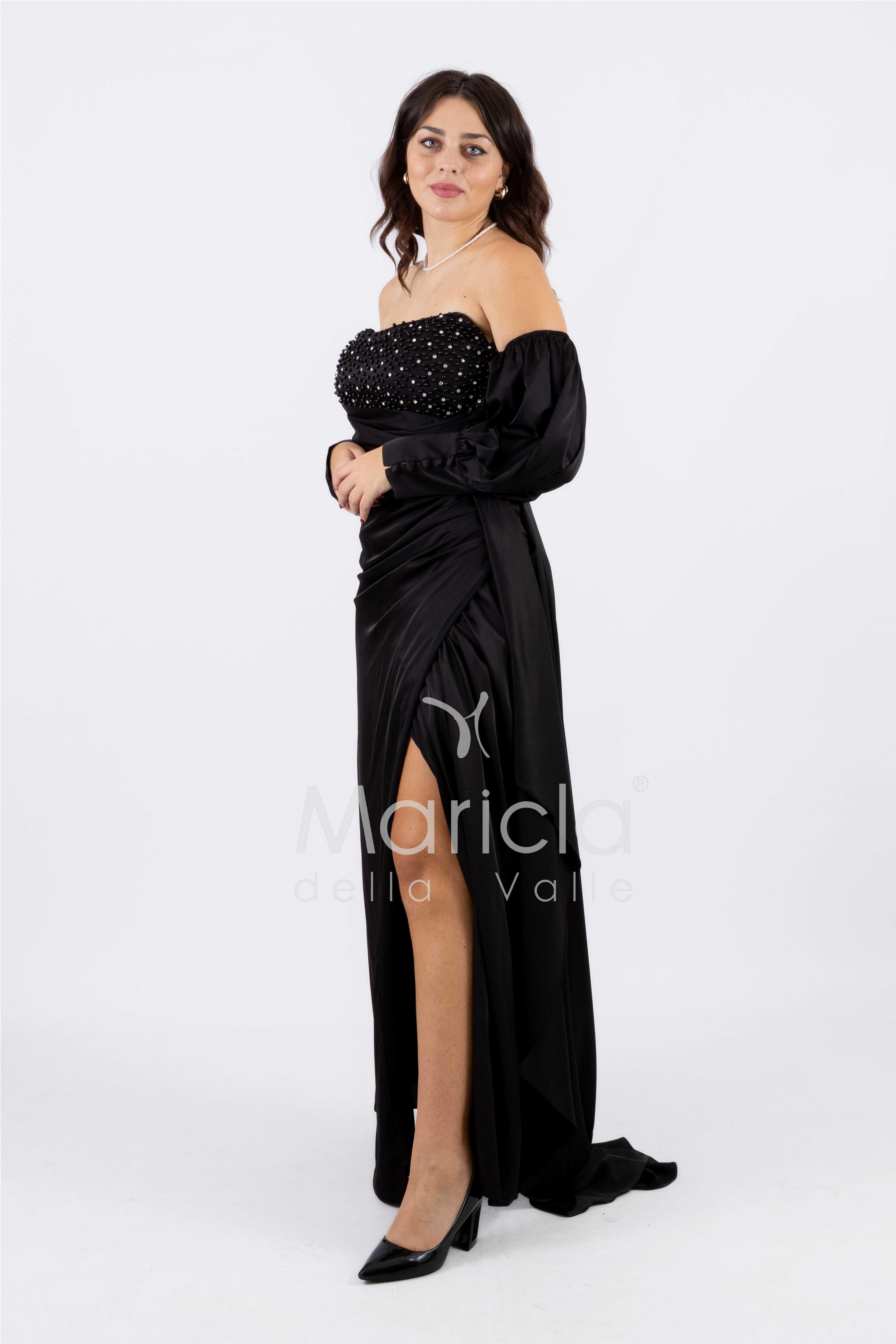 abito lungo perle maniche aggiunte CAR58168 NERO MARICLA ELEGANCE 