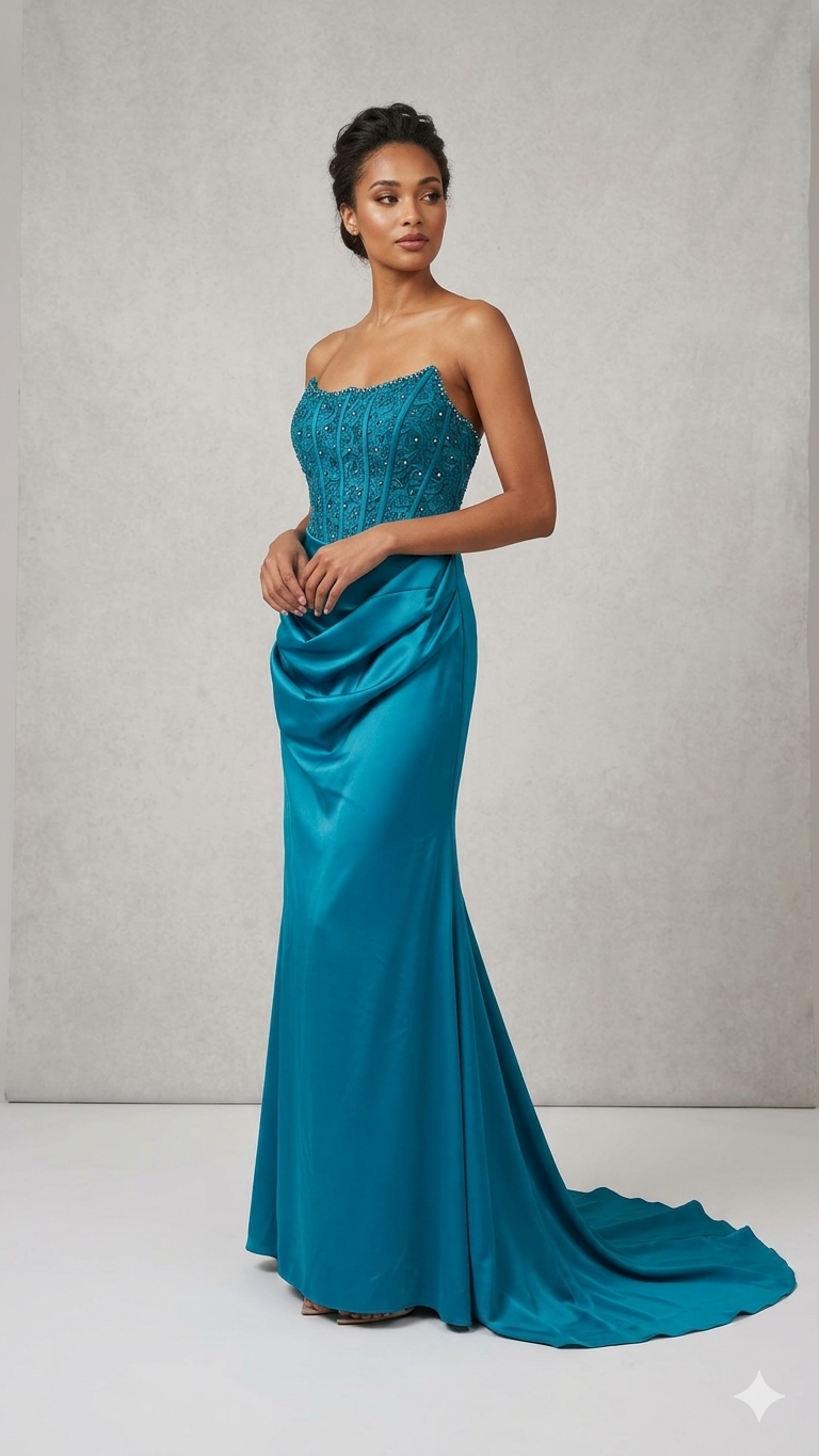 abito lungo con corpetto macramè CAR58595 PETROLIO MARICLA ELEGANCE 