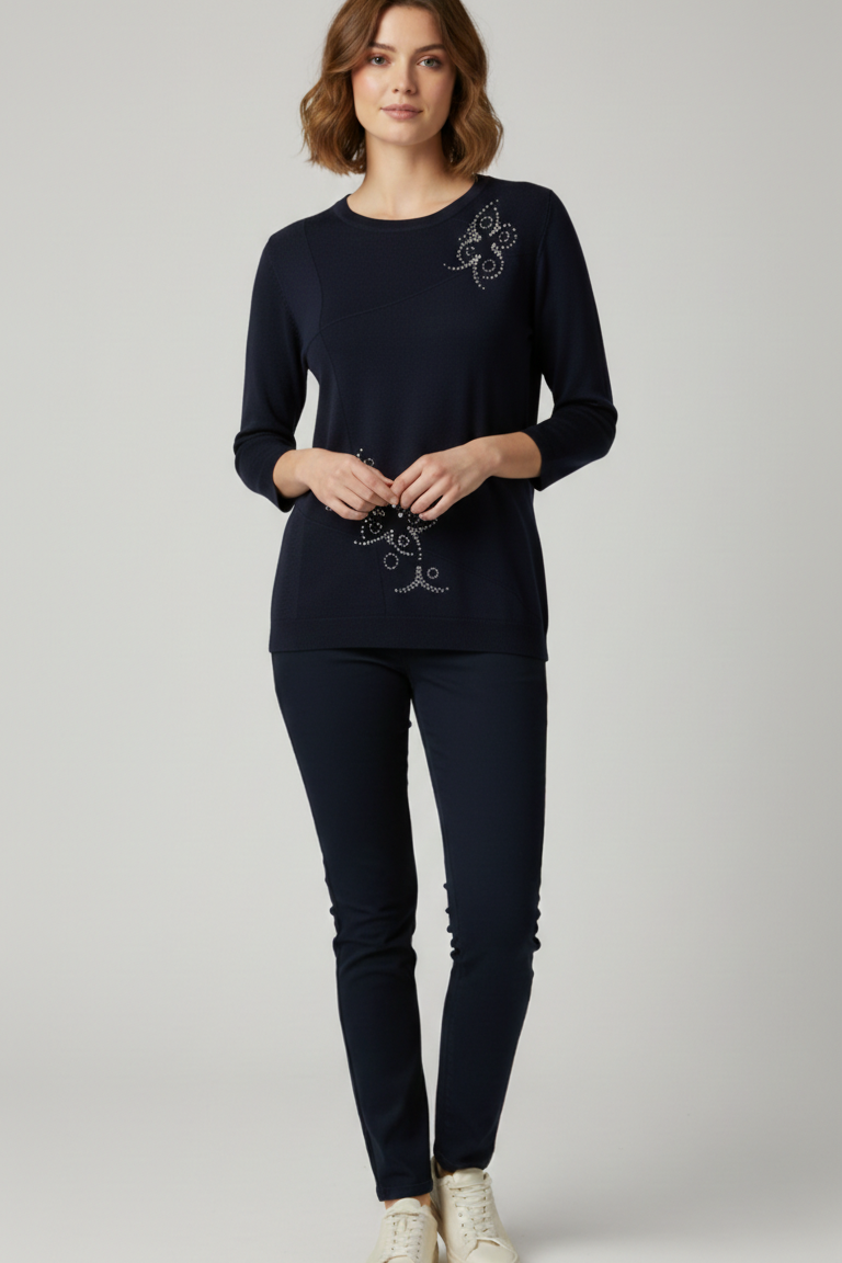 Maglia Strutturata con Ricami Luce CF26294 BLU CARLA FERRONI 