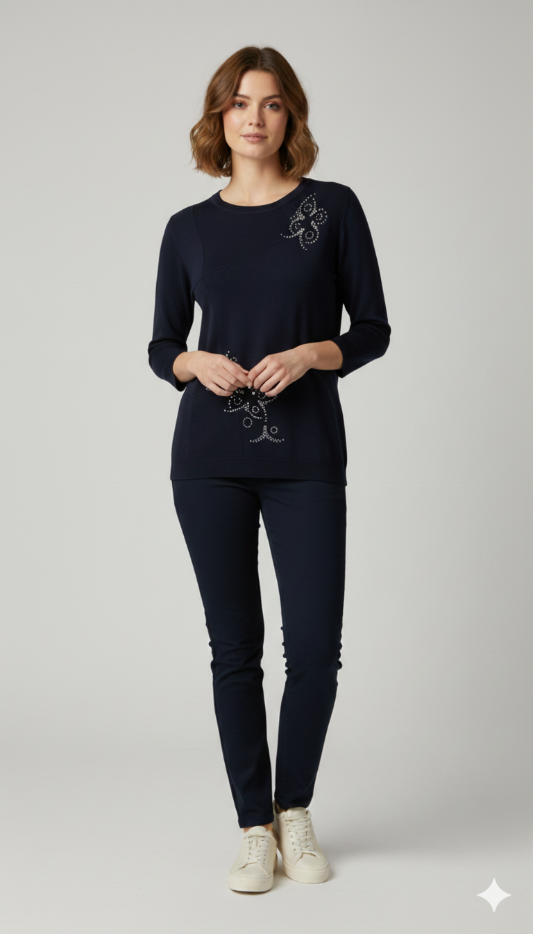 Maglia Strutturata con Ricami Luce CF26294 BLU CARLA FERRONI 