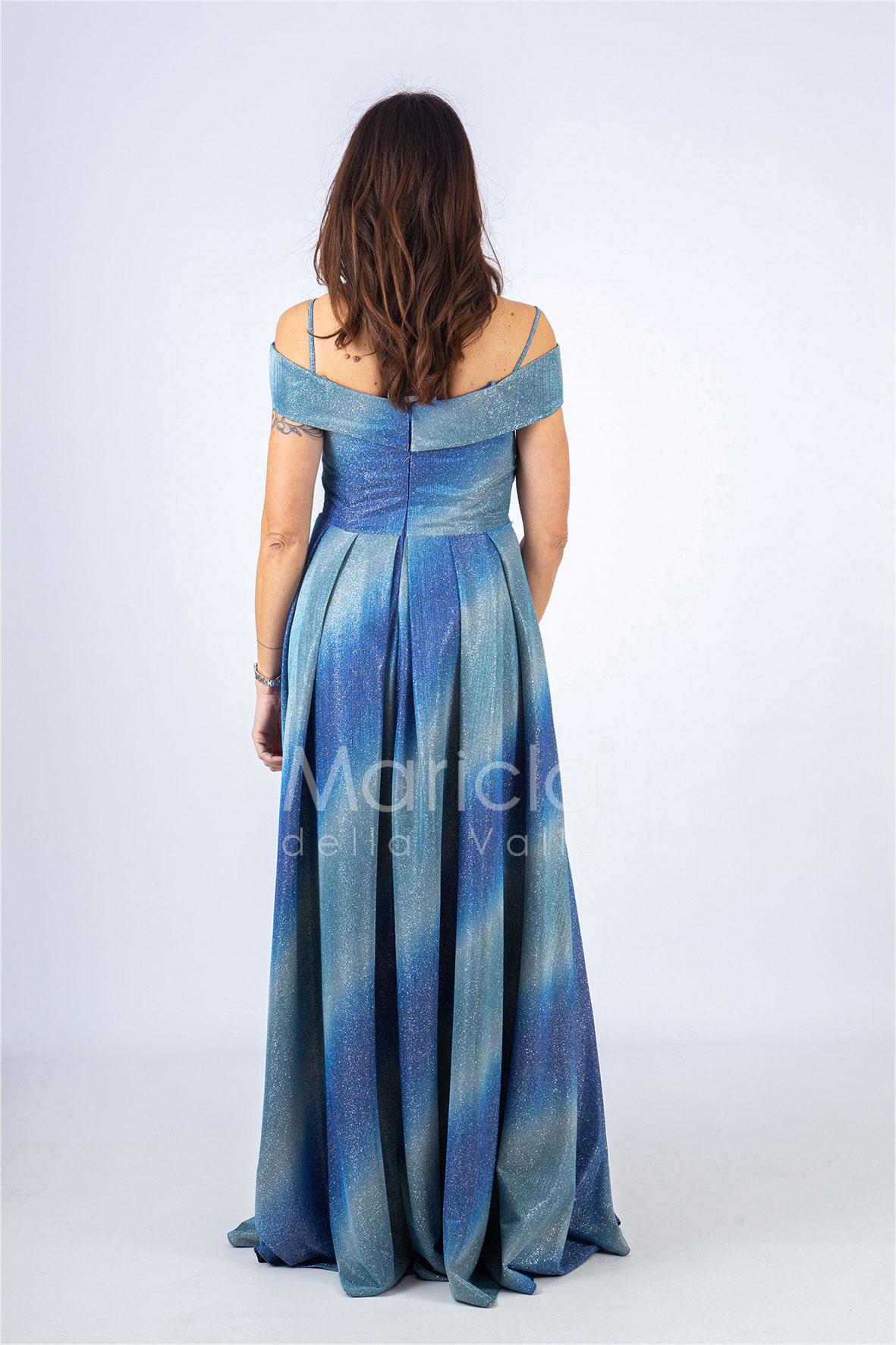 Abito lungo glitterato con scollo omerale SH117 BLU SHARON 