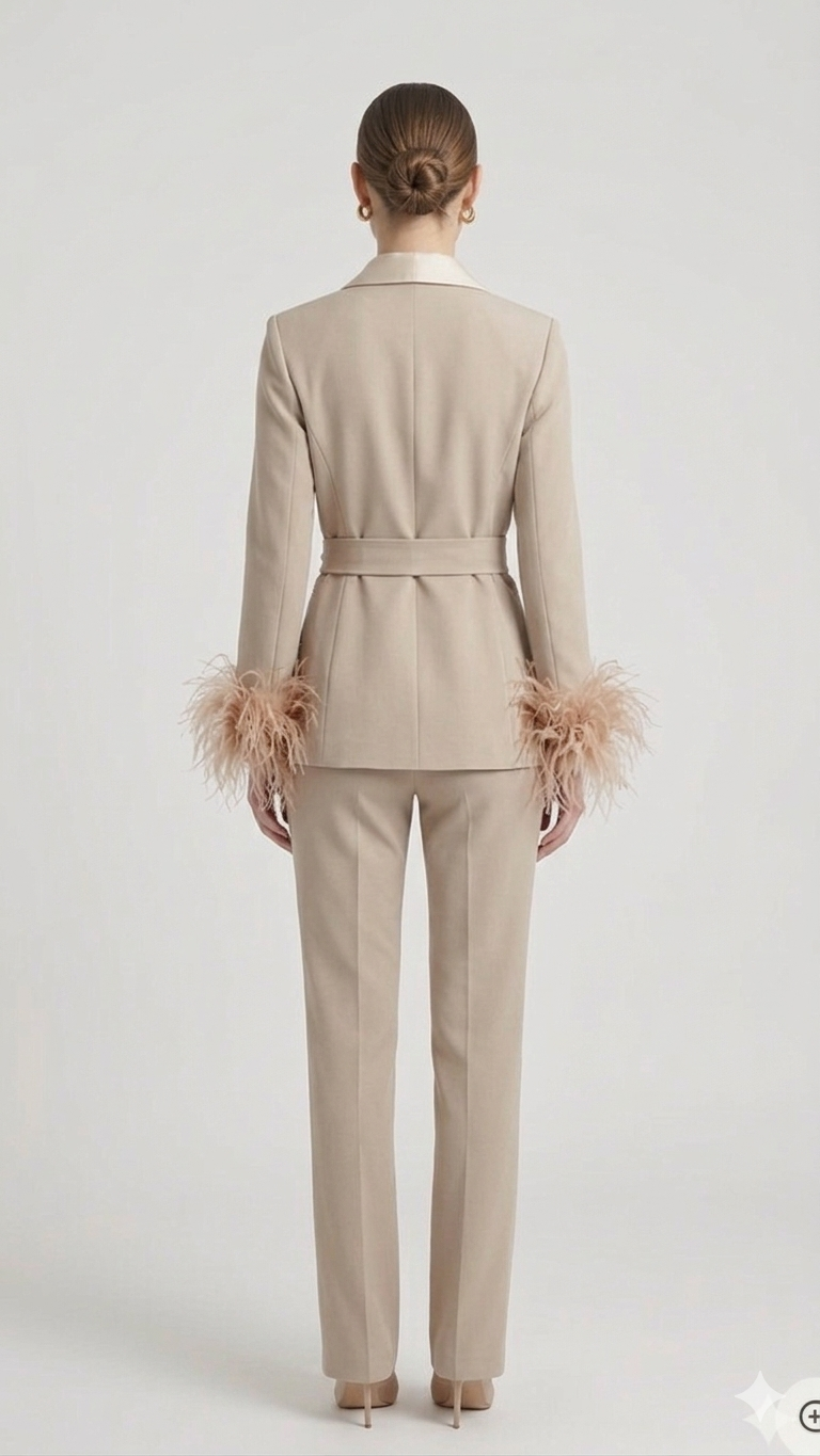 tailleur con cintura e piume EC04610 CREMA MARICLA 