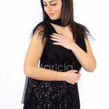 abito lungo paiette e piume RG103RF NERO GIGLI CERIMONIA 