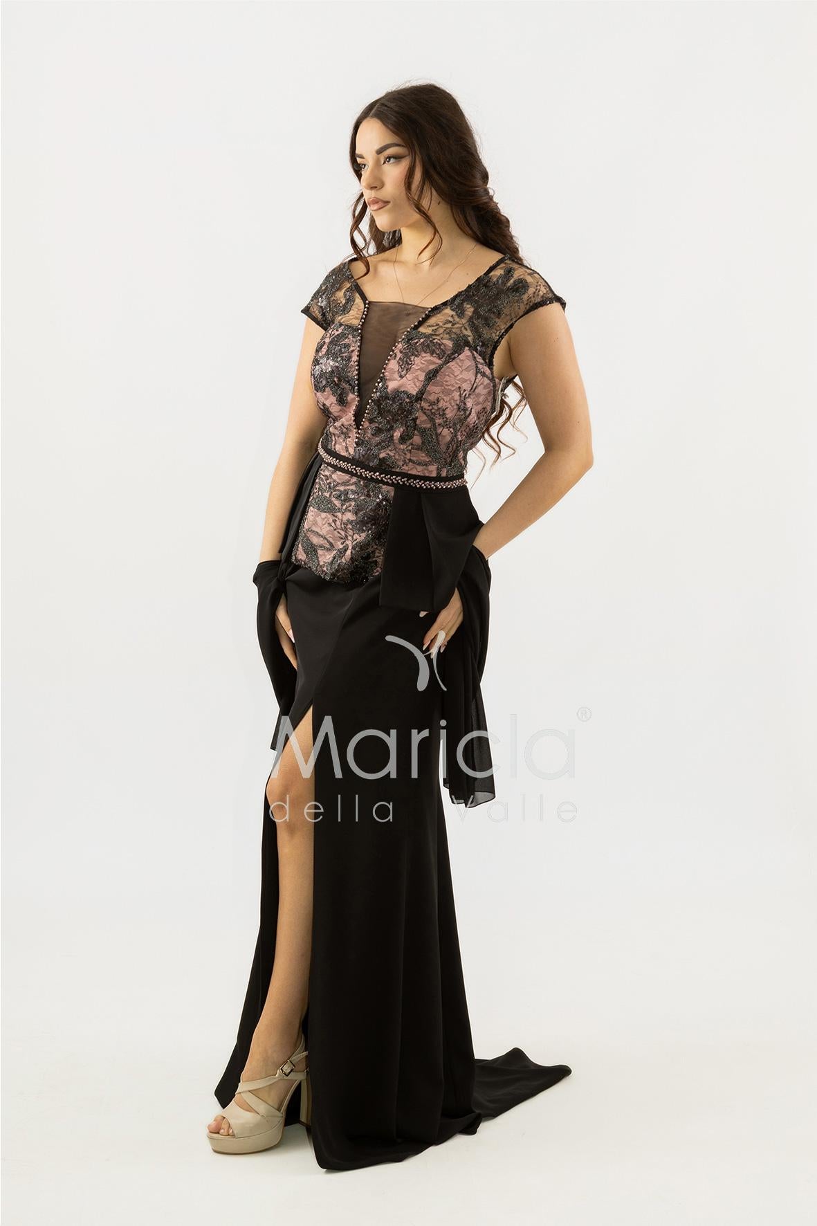 abito lungo con baschina ricamata SH839AL NERO SHARON 