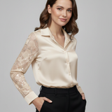 Camicia in Satin di raso con Maniche in Pizzo Rebrodé PER26103 CREMA MARICLA 