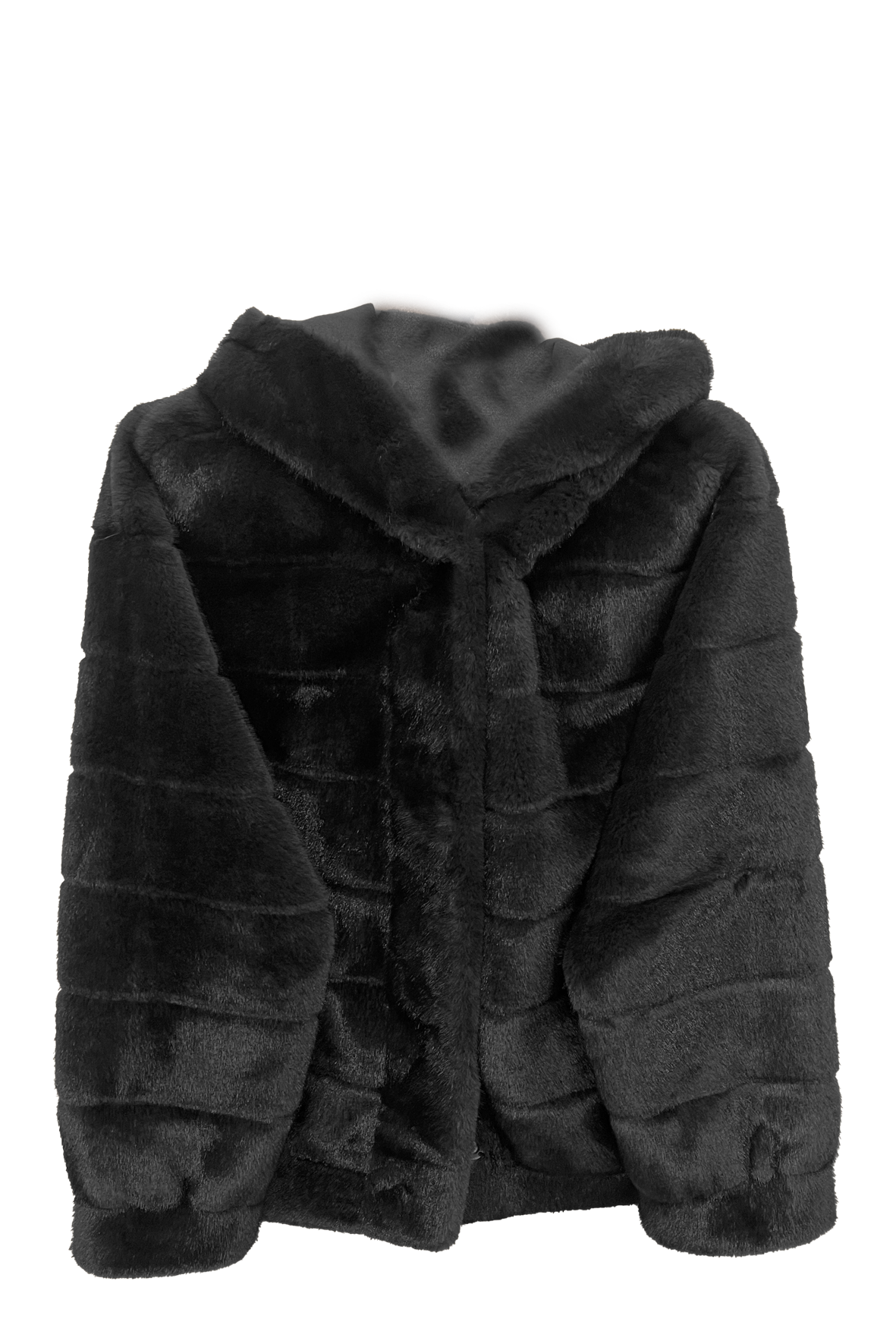 Giaccone in pelliccia a fasce con cappuccio<BR/> LIN3422 NERO MARICLA 