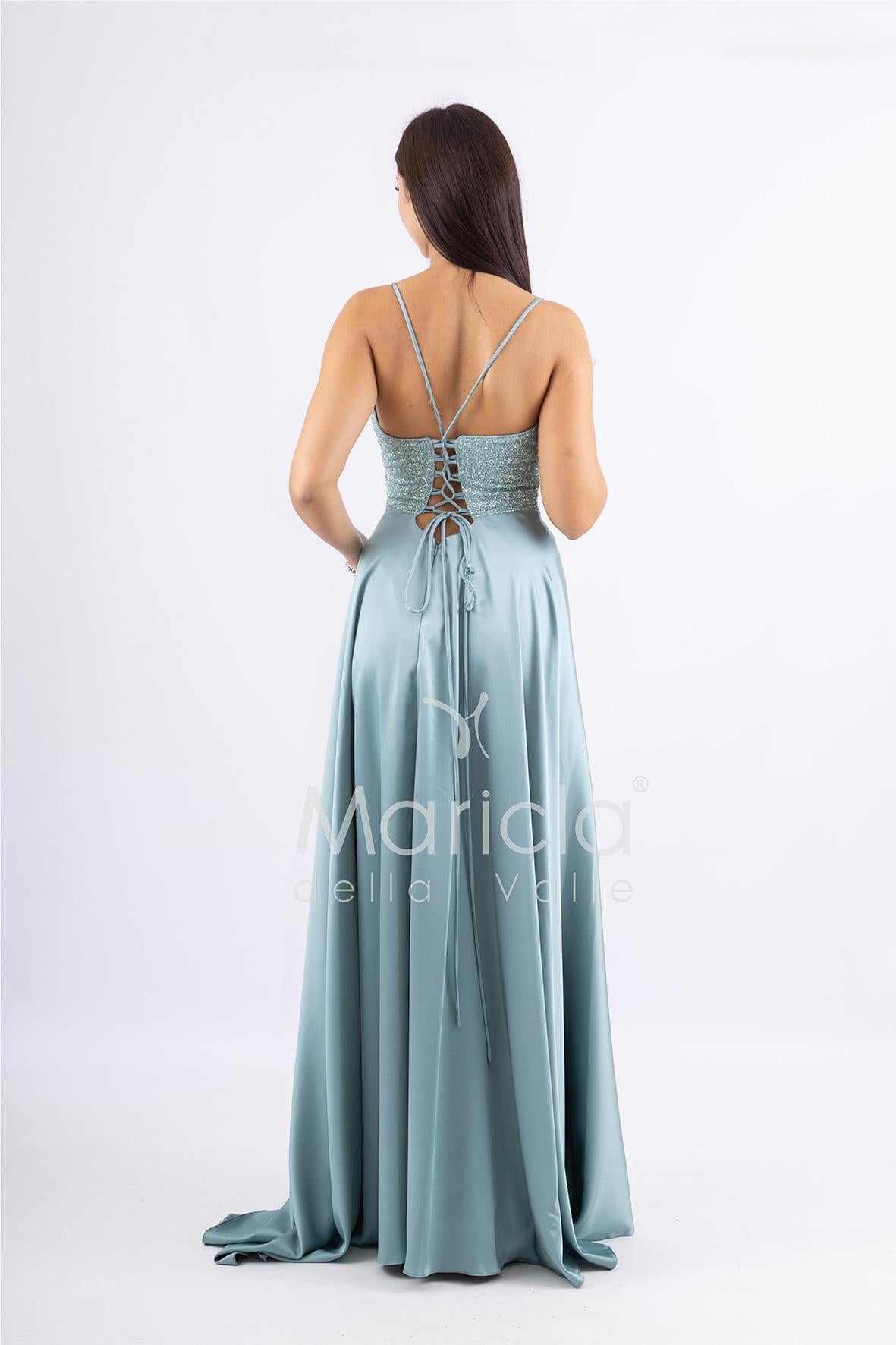 abito lungo con spacco paiette e stringhe FI6835 MENTA MARICLA ELEGANCE 