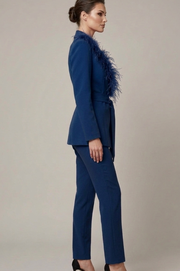 tailleur con piume bavero EC04609 BLU MARICLA 