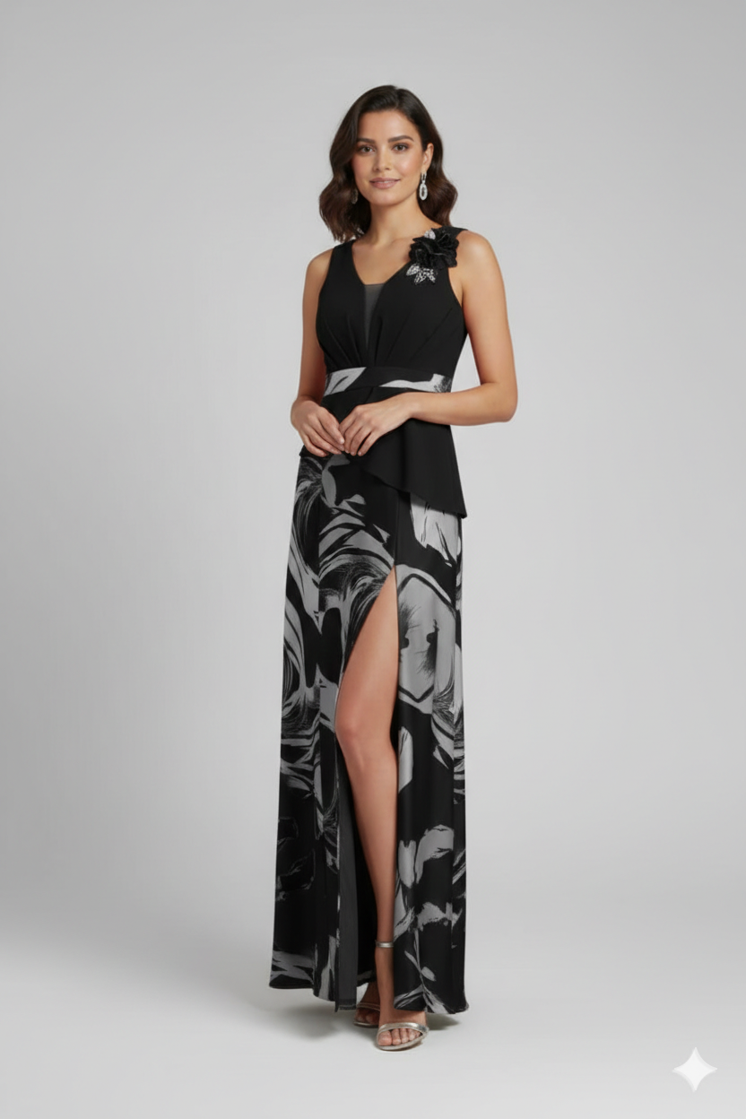 abito lungo con baschina e fantasia SH503AL NERO SHARON 