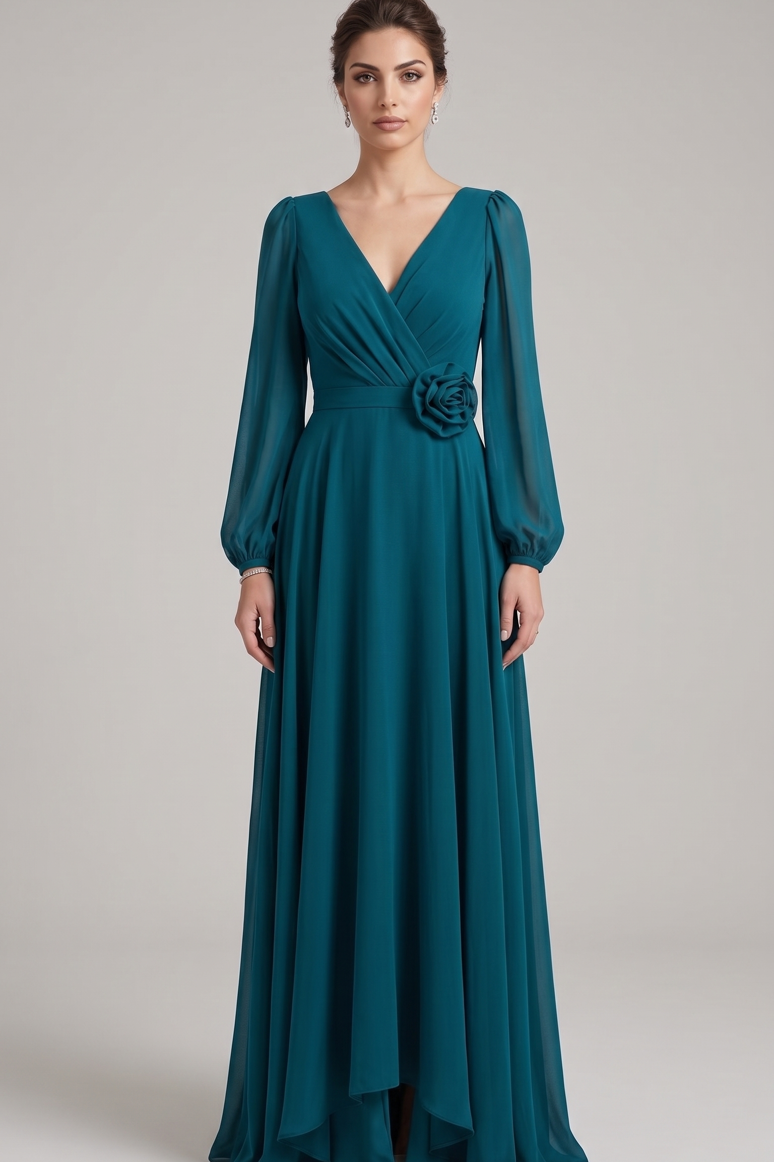 abito manica lunga chiffon fiore FI1185 PETROLIO MARICLA ELEGANCE 