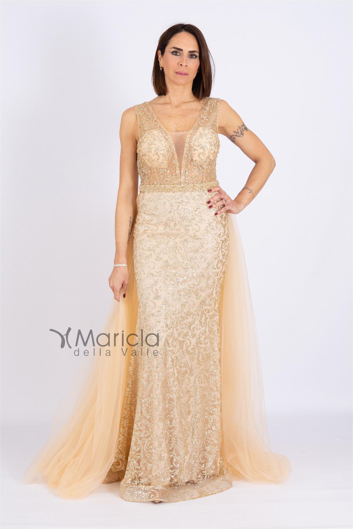 Abito lungo strass e coda in toulle<BR/> FP888062 ORO MARICLA ELEGANCE 
