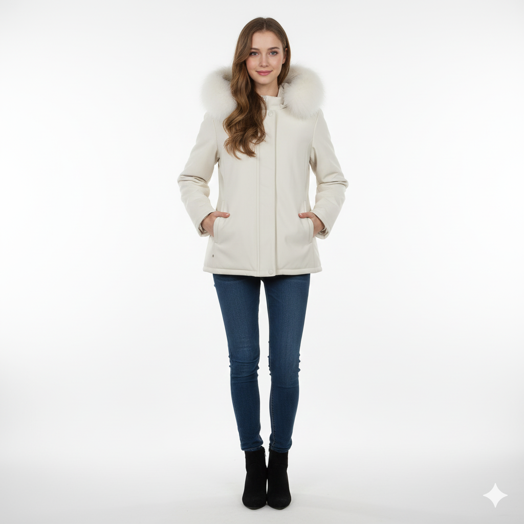 giaccone medio liscio con cappuccio in pelliccia LIN3434 PANNA MARICLA 