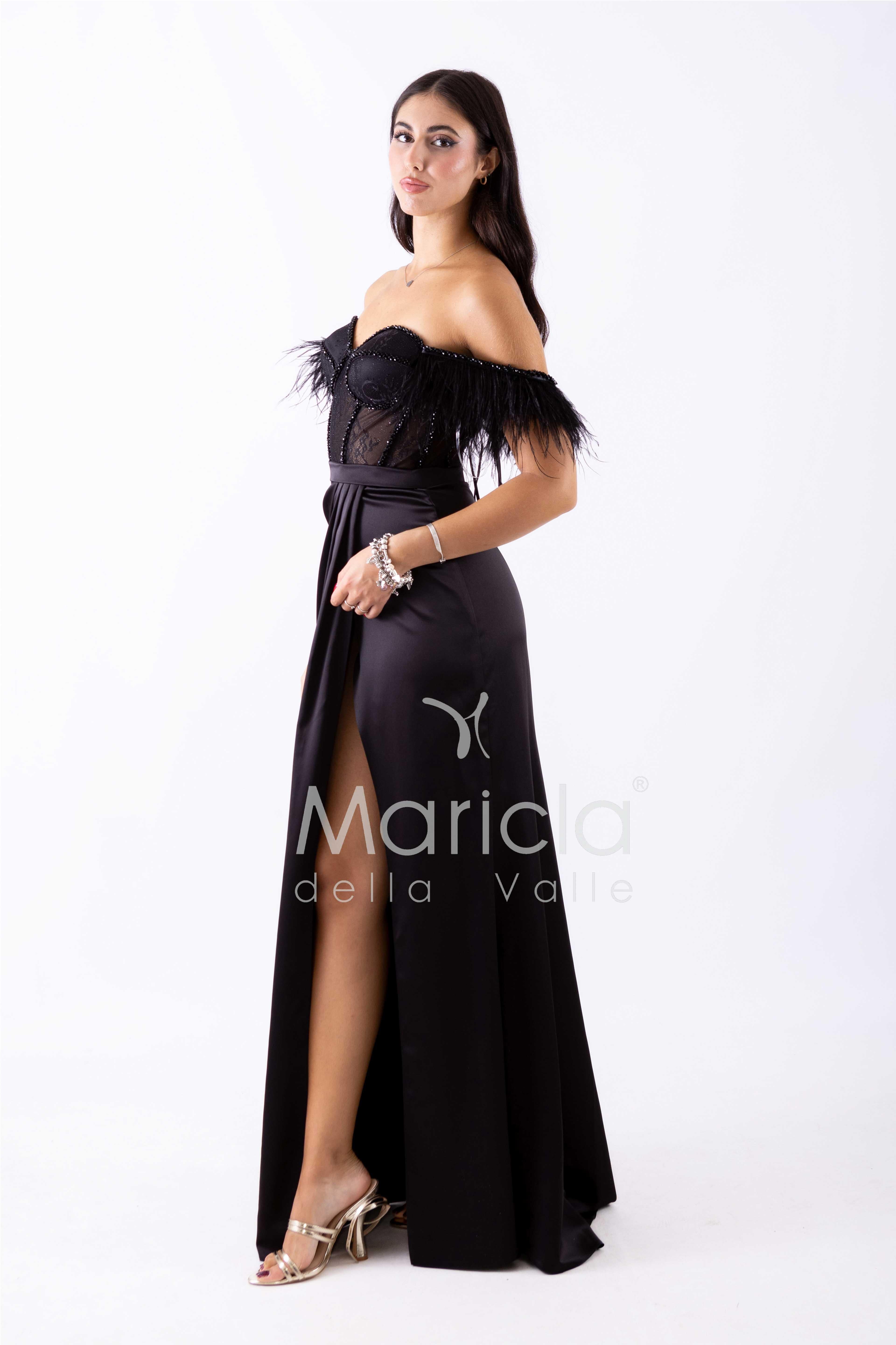 abito lungo piume corpetto ALC06 NERO MARICLA ELEGANCE 