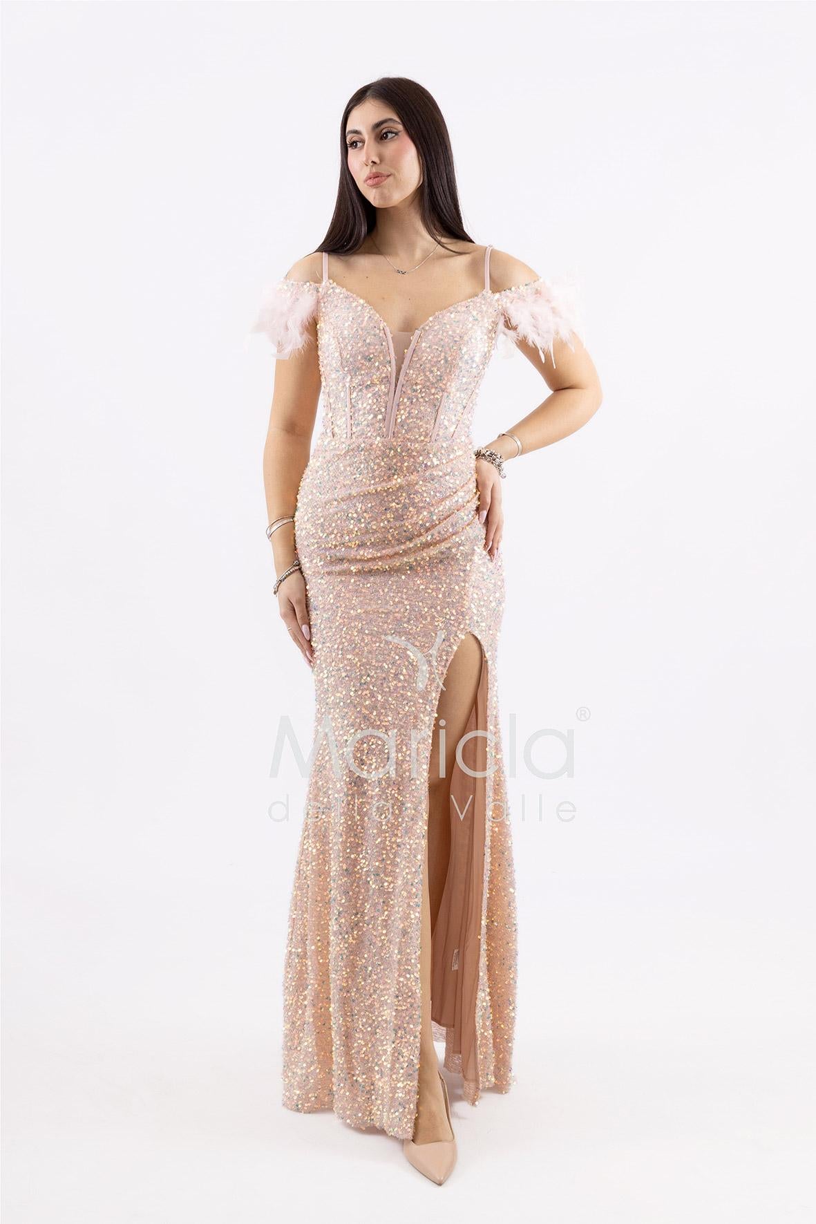 abito con paiette arricciato e piume SS23506 ROSA MARICLA ELEGANCE 