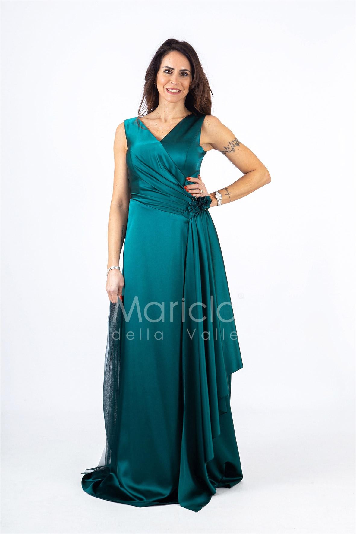 abito lungo con fusciacca e fiore RG4227 VERDE GIGLI CERIMONIA 