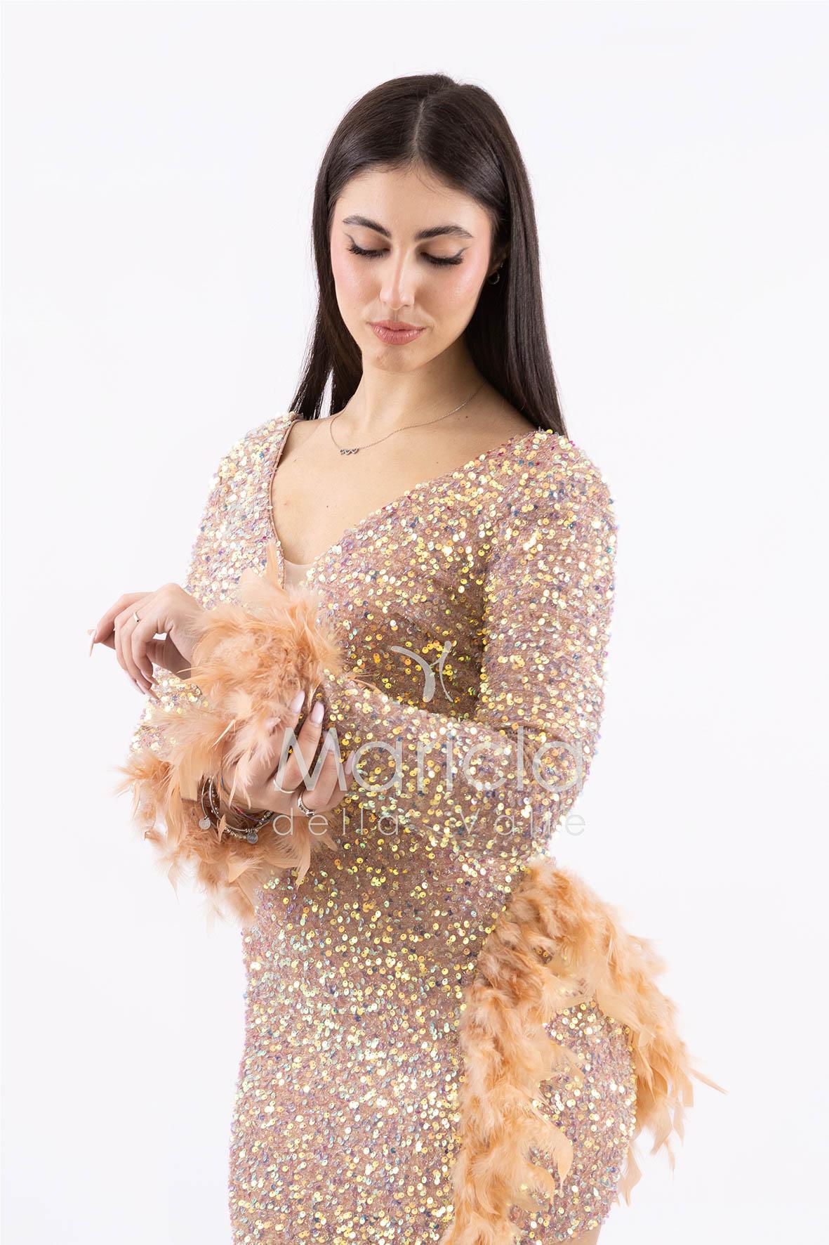 abito manica lunga piume e paiette SS23126 ORO MARICLA ELEGANCE 