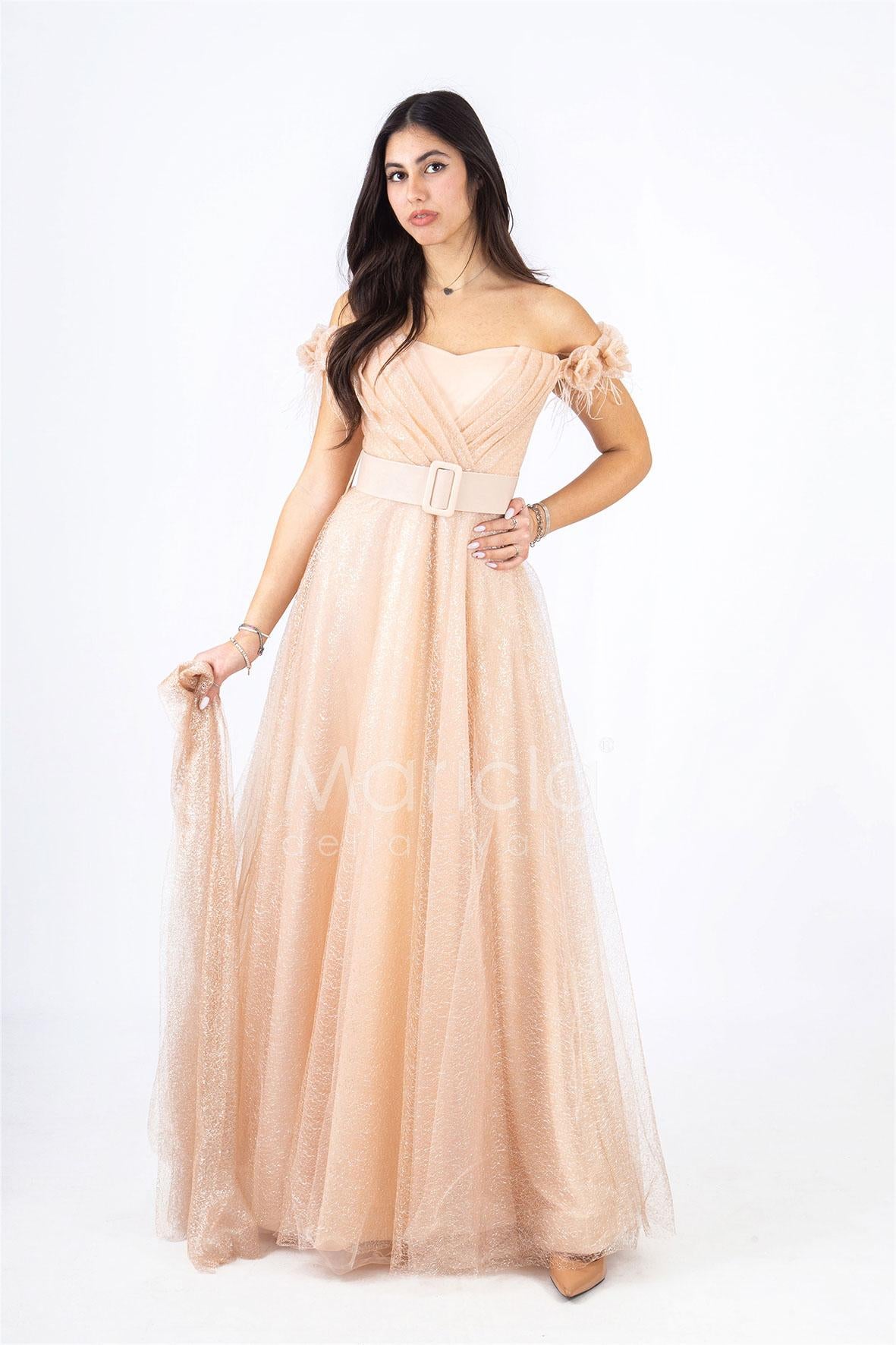 abito piume e fiori glitter JC35022 CHAMPAGNE MARICLA ELEGANCE 