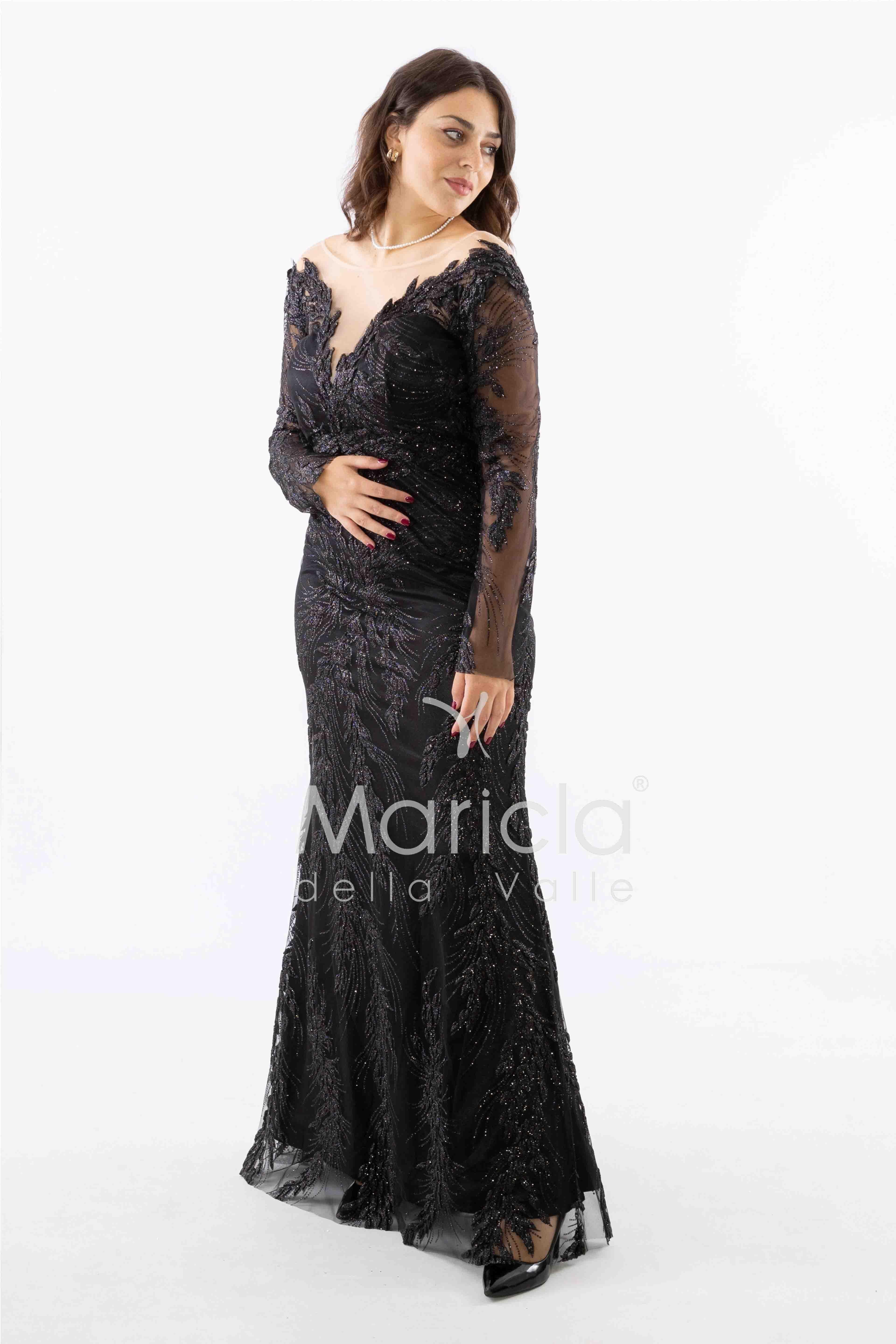 abito manica lunga ricamato FI7485 NERO MARICLA ELEGANCE 