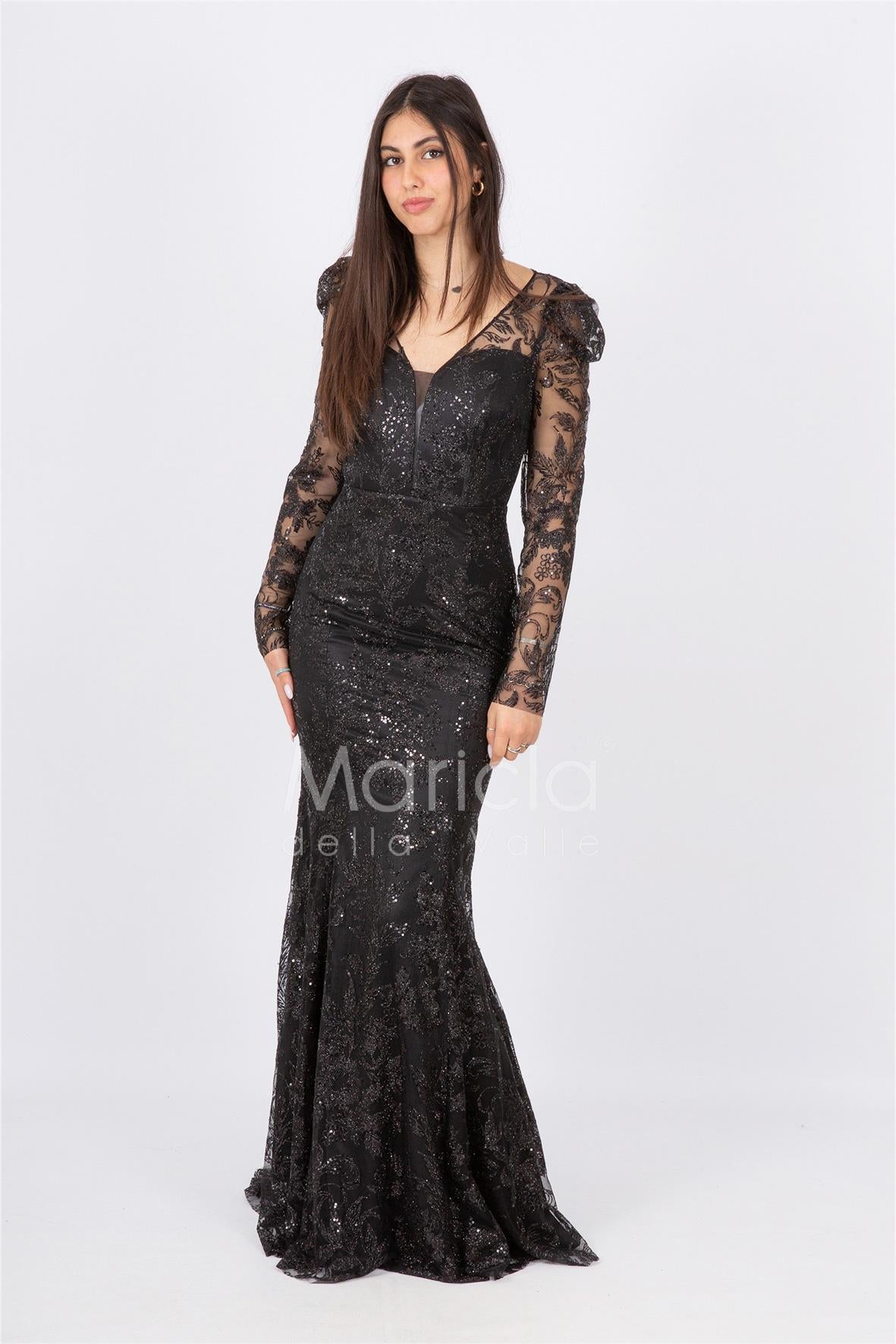 abito lungo sirena ricamato paiette FI6949 NERO MARICLA ELEGANCE 
