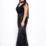 abito lungo paiette e piume RG103RF NERO GIGLI CERIMONIA 