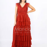 abito lungo balze piume JC28831M ROSSO MARICLA ELEGANCE 