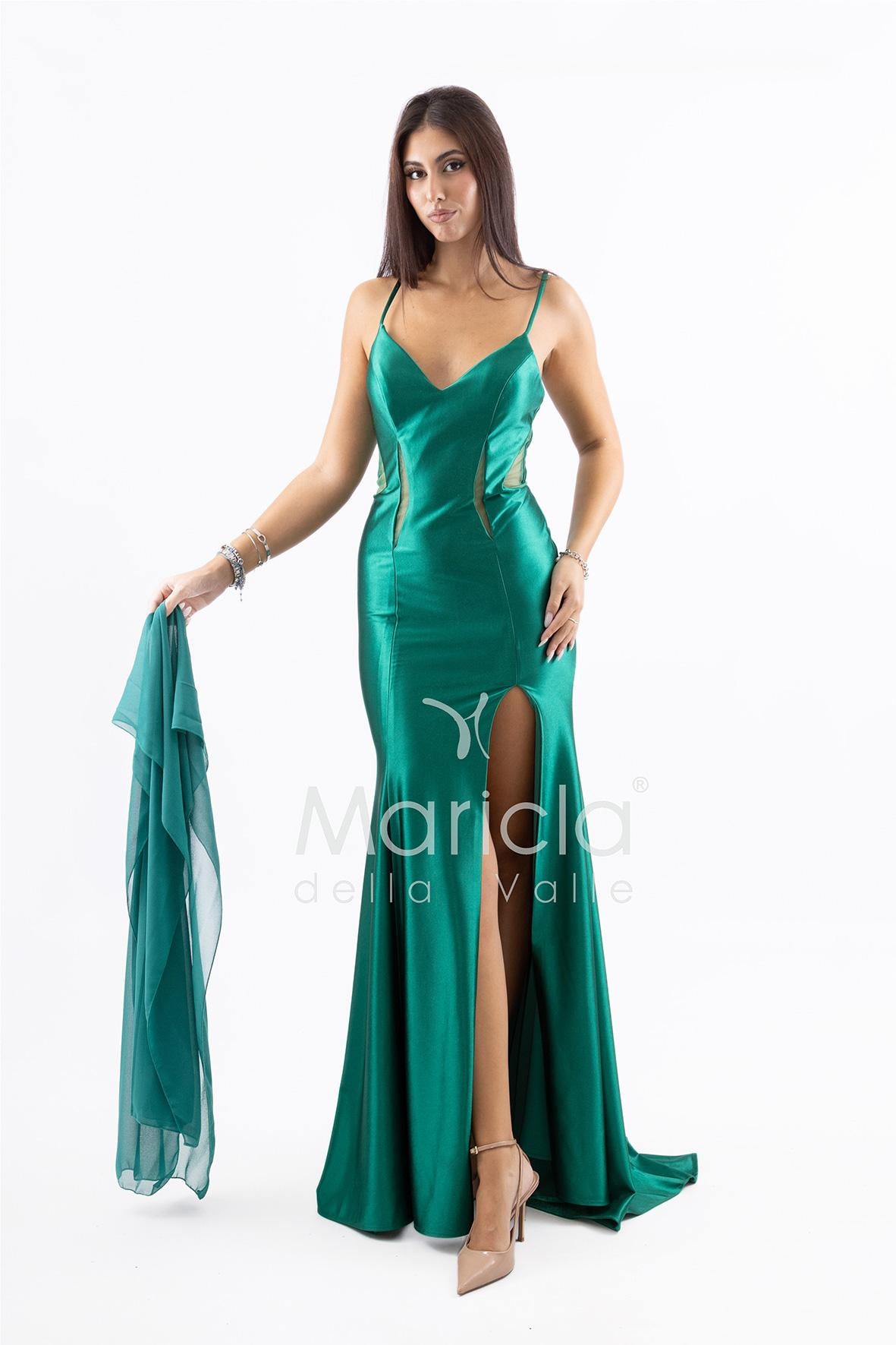 Abito lungo in raso con spacco JC29205 VERDE MARICLA ELEGANCE 