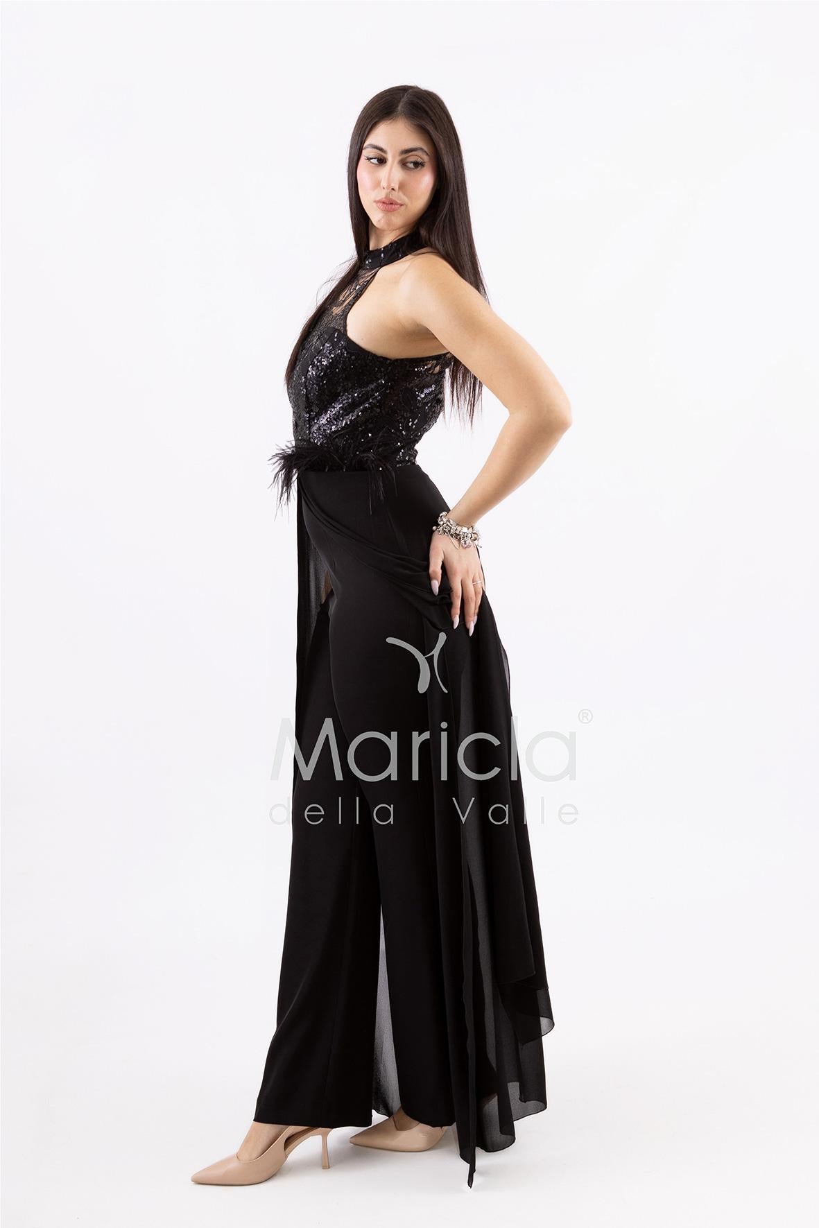 tuta ricamo e piume SH909TU NERO SHARON 