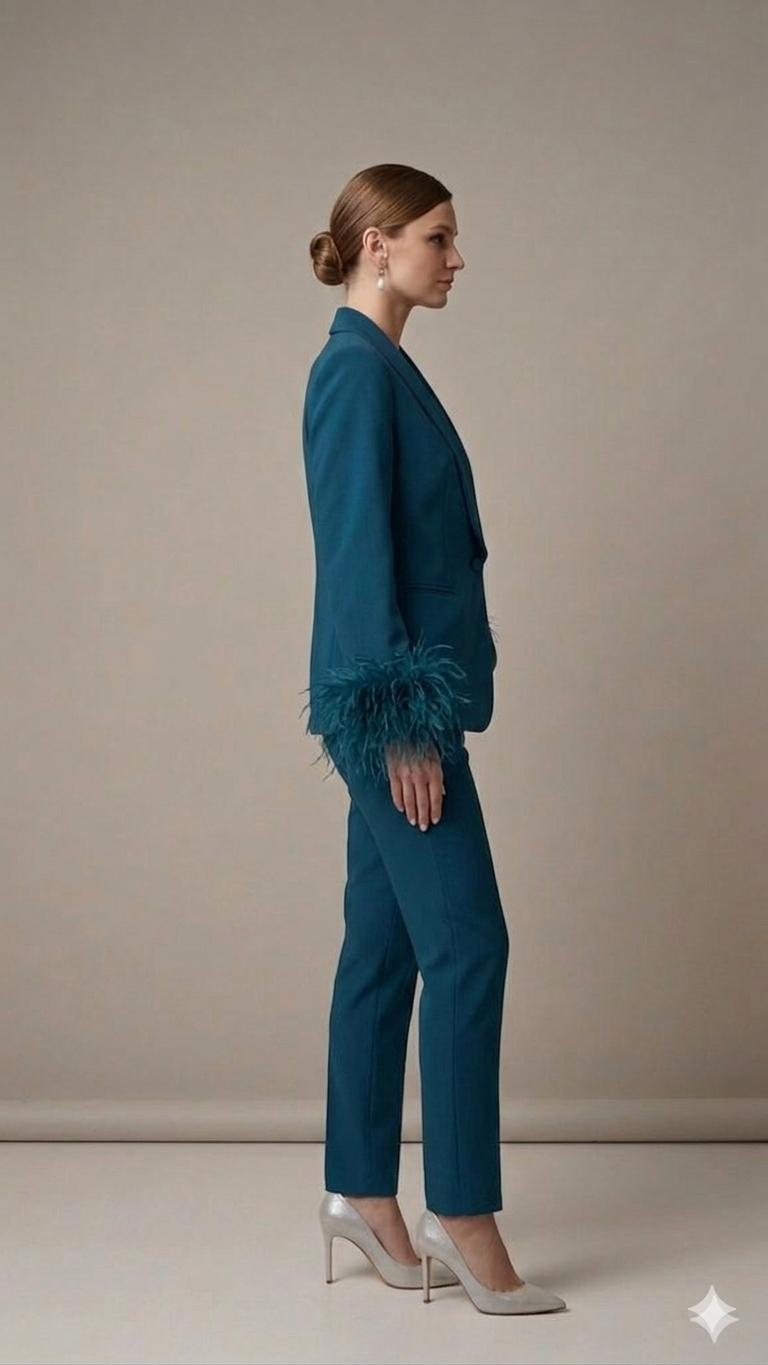 tailleur smoking con piume AD09326 PETROLIO MARICLA 