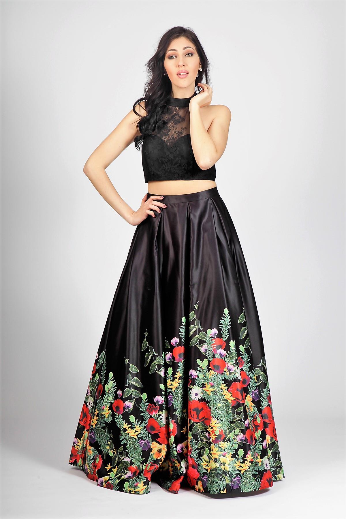 Gonnellone floreale con top in pizzo<BR/> BB27407 NERO MARICLA ELEGANCE 