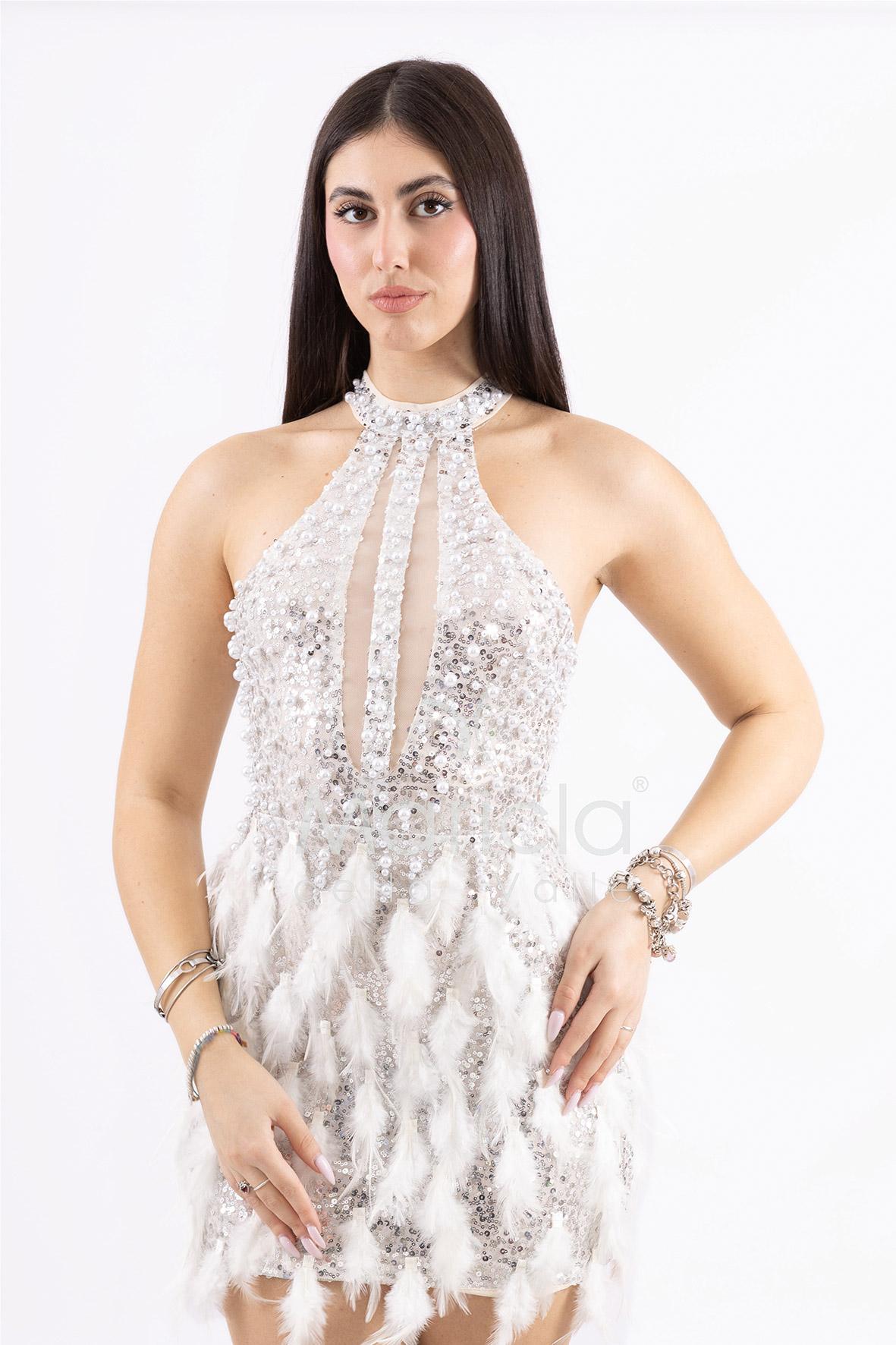 Abito corto con Paillettes e Dettagli in Piume FP613327 CHAMPAGNE MARICLA ELEGANCE 