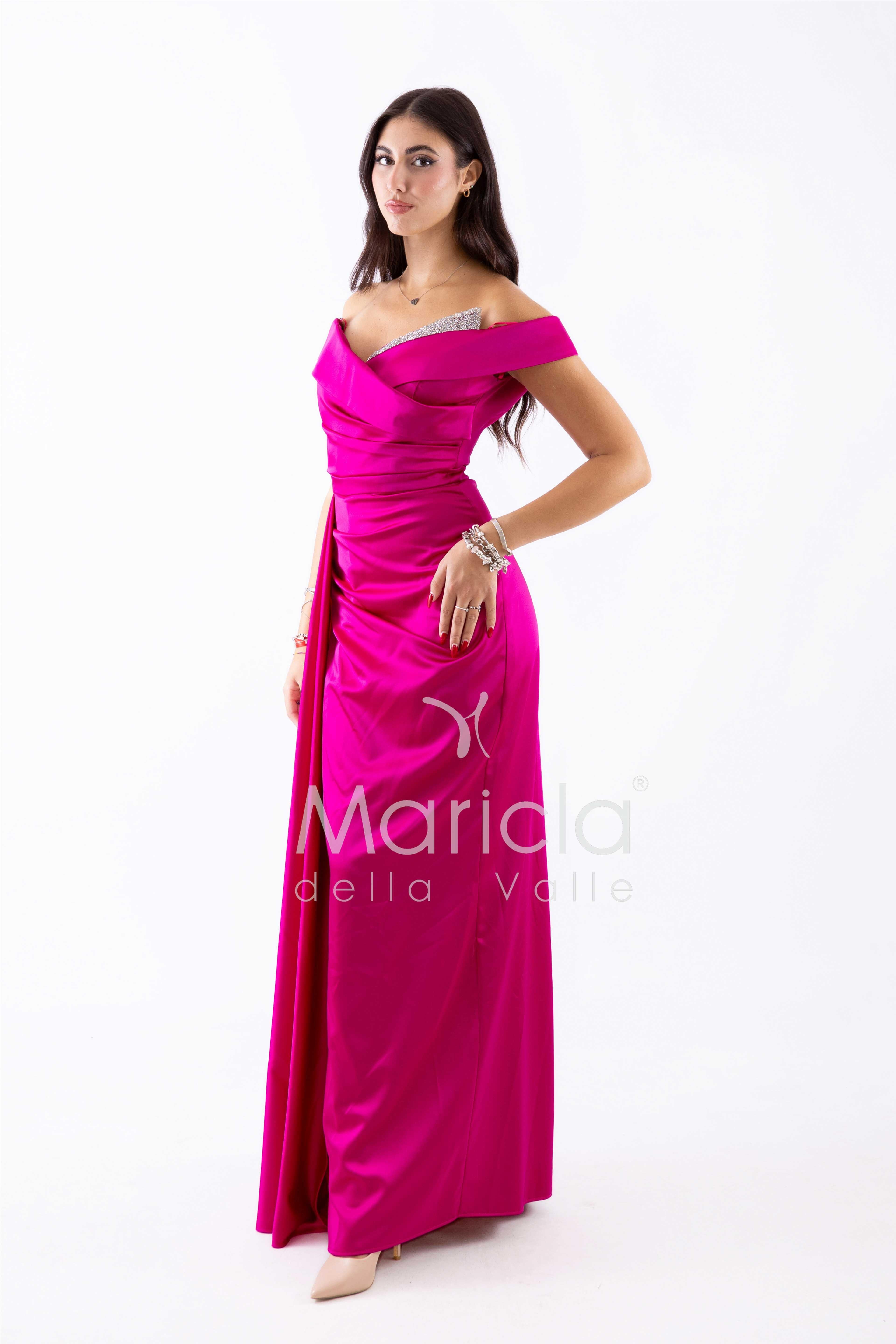 abito con strass scollo FI7443 FUCSIA MARICLA ELEGANCE 